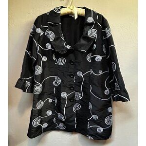 Puli Women's Black White Button Embroidered Front 3/4 Sleeve Blazer Size 12/42
